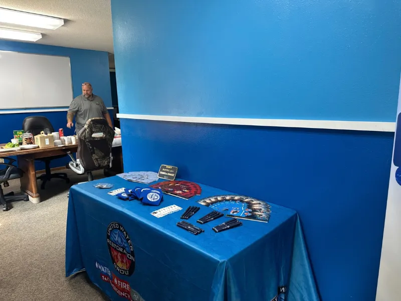 Branded display table at a community event